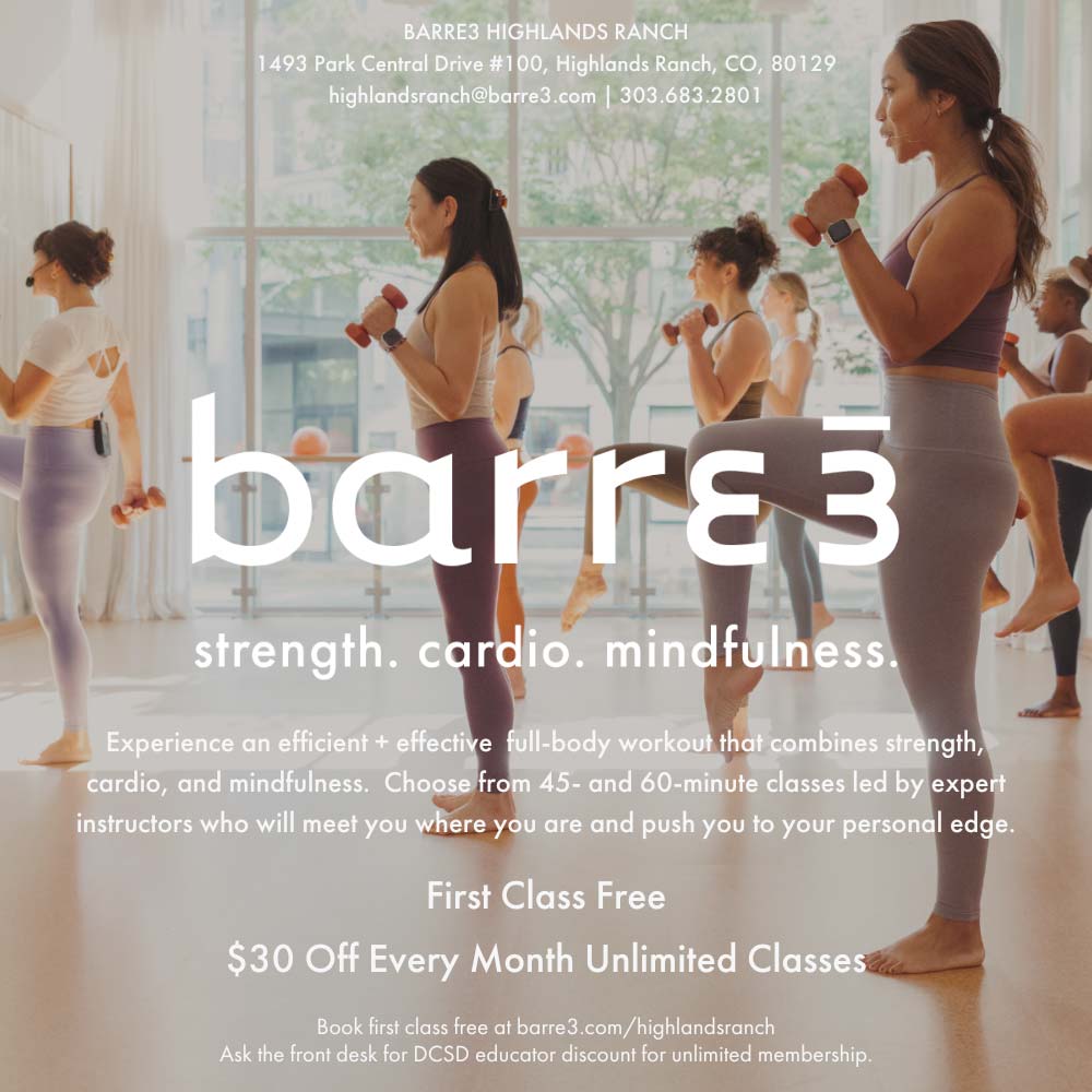 Barre3 Highlands Ranch - <h2>BARRE3 HIGHLANDS RANCH</h2> <p>1493 Park Central Drive #100, Highlands Ranch, CO, 80129</p> <p><a href='mailto:highlandsranch@barre3.com'>highlandsranch@barre3.com</a> | 303.683.2801</p> <h1>barre3</h1> <h3>strength. cardio. mindfulness.</h3> <p>Experience an efficient + effective full-body workout that combines strength, cardio, and mindfulness. Choose from 45- and 60-minute classes led by expert instructors who will meet you where you are and push you to your personal edge.</p> <h3 class='highlight'>First Class Free</h3> <h3 class='highlight'>$30 Off Every Month Unlimited Classes</h3>